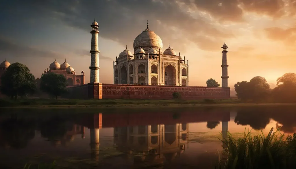 India Tour Packages 4 Taj Mahal at sunrise, reflecting in the Yamuna River, during an India Group Tour organized by Travel with Vasco as part of the Golden Triangle Tour.