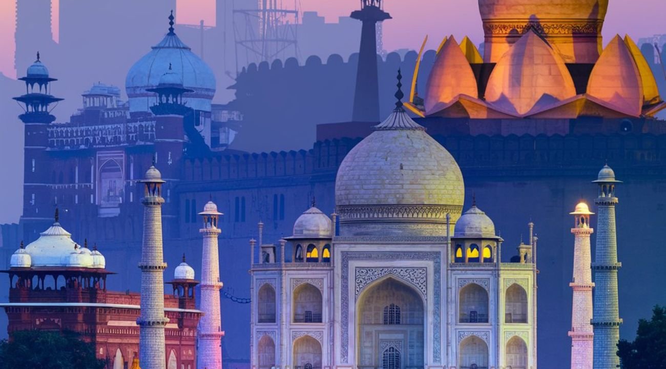 A vibrant collage of iconic Indian landmarks, including the Taj Mahal and Lotus Temple, representing destinations visited during an India Group Tour as part of the golden triangle tour organized by Travel With Vasco. Visit the Taj Mahal at Night
