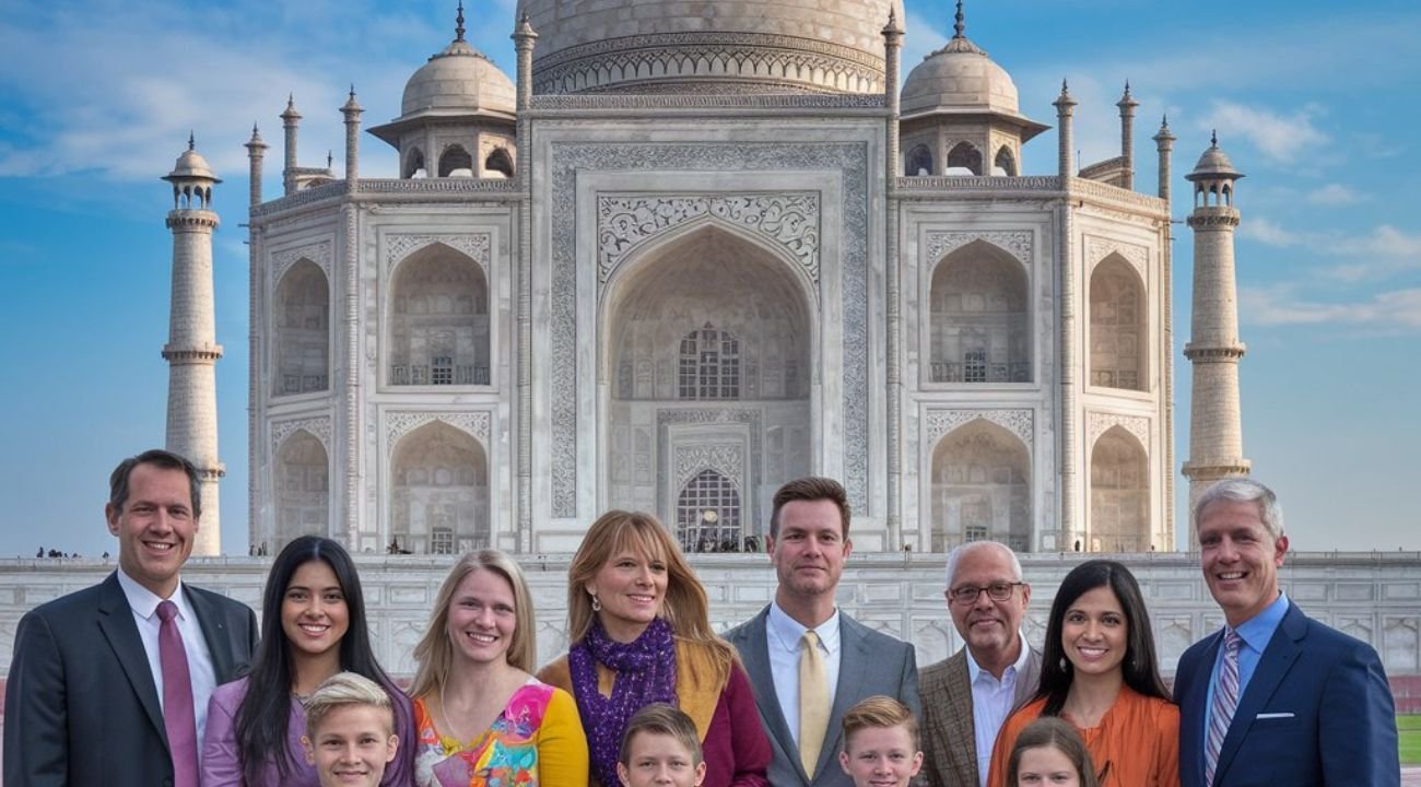 "Group of Travel With Vasco's clients posing in front of the iconic Taj Mahal in India during their India Group Tour experience."