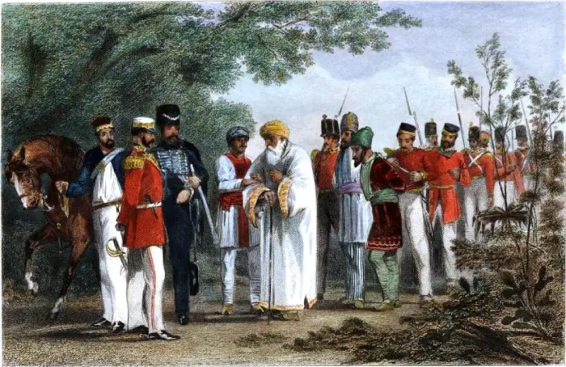 Humayun’s Tomb 2 Historical illustration depicting the capture of the King of Delhi by Captain Hodson during the Indian Rebellion of 1857. The scene shows British officers, including Captain Hodson in uniform, surrounding the elderly Mughal ruler dressed in white robes and a turban, while British soldiers in red coats stand in formation with bayoneted rifles. Trees and foliage frame the background, giving a sense of a forested or rural setting.