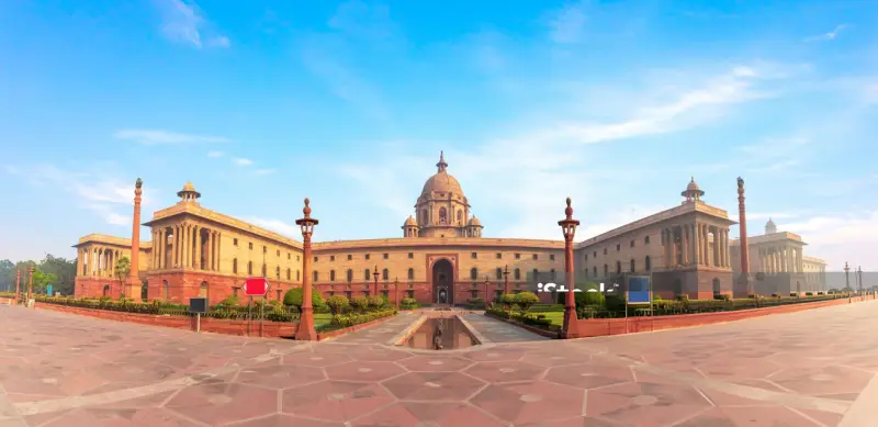 "Rashtrapati Bhavan during an India Group Tour organized by Travel with Vasco, featuring guests enjoying an exceptional India tour service."