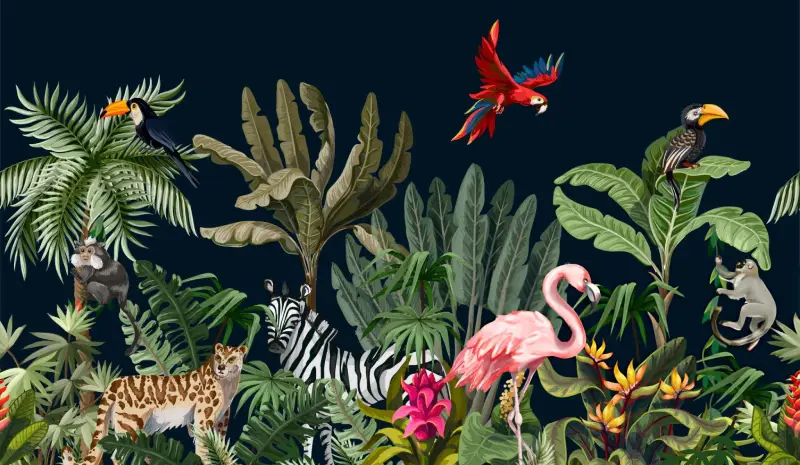 A vibrant digital illustration of exotic flora and fauna, featuring tropical animals such as a zebra, leopard, toucans, koalas, and a flamingo, set in lush greenery. This artistic representation captures the rich biodiversity that travelers can witness during an India Group Tour and Golden Triangle Tour with Travel With Vasco.