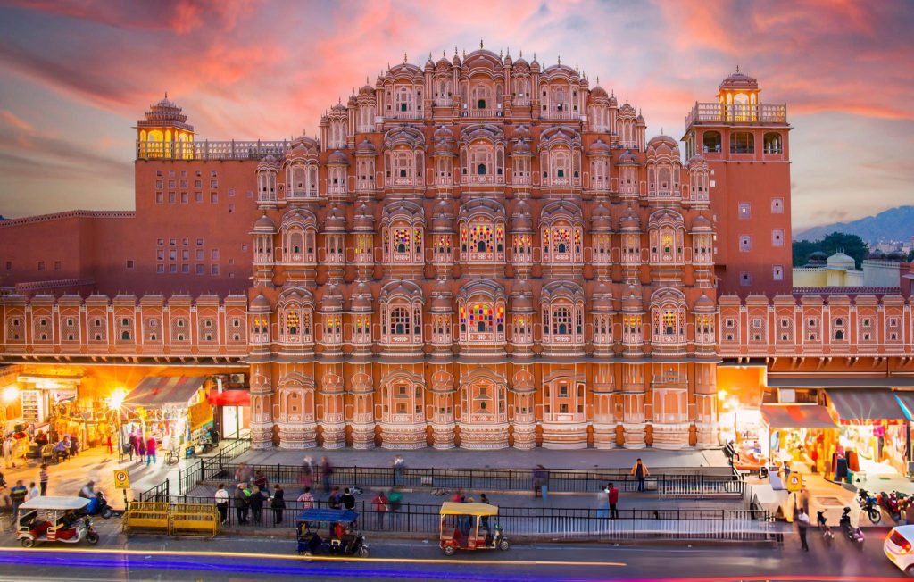 "Magnificent view of Hawa Mahal in Jaipur, a prominent landmark of the Golden Triangle Tour, showcasing vibrant architecture during an India Group Tour with Travel with Vasco."
