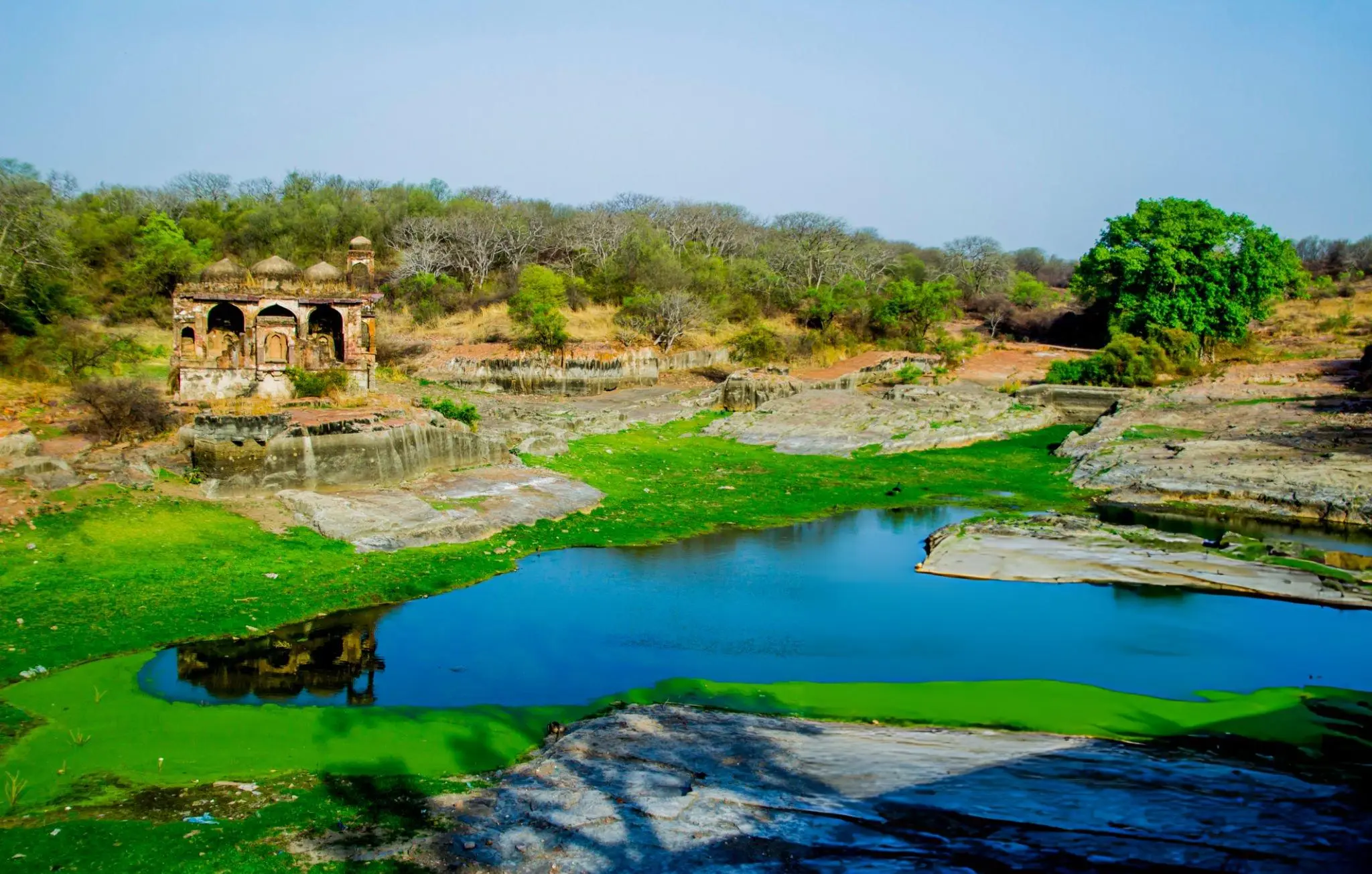 A serene view of Kachida Valley with an ancient structure by a small lake surrounded by greenery, taken during an India Group Tour as part of the golden triangle tour by Travel With Vasco.